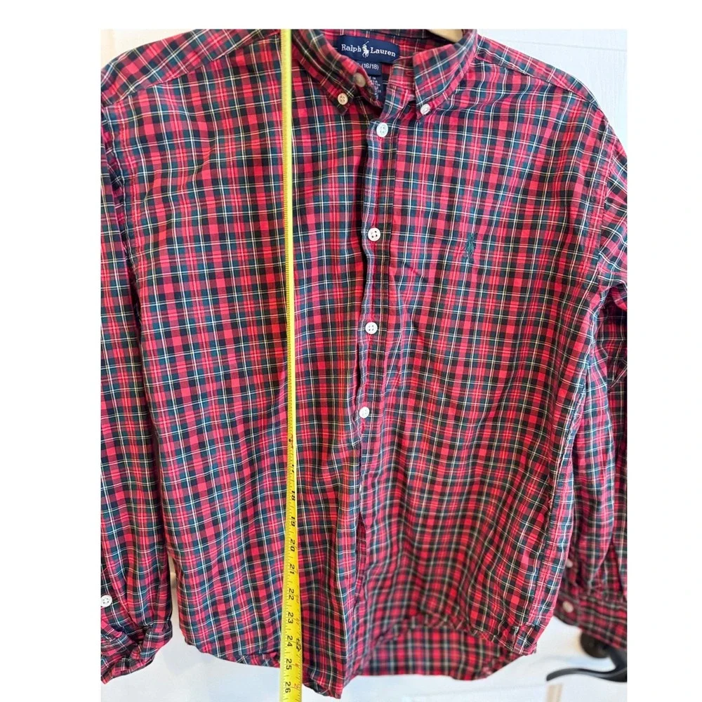 Ralph Lauren Kids Plaid Button Down Shirt Red Green Long Sleeve Size L 16‎ 18